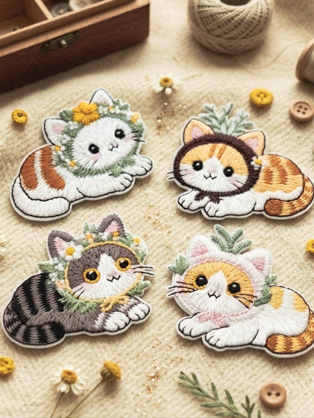 Floral Crown Kitty Patch Set in White, Gray, Brown‎ & Pink Accents